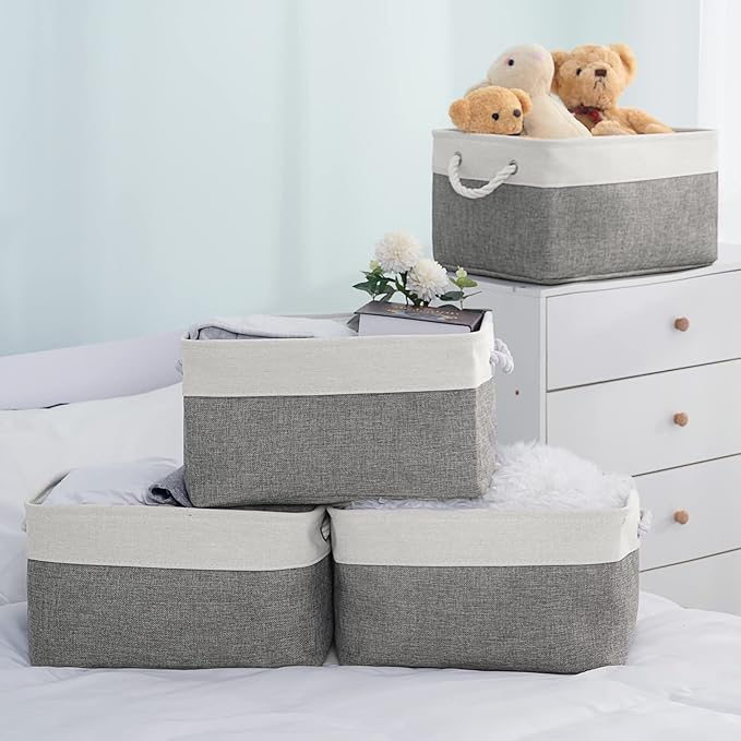Storage Basket 16x12x8 inch Fabric Sturdy Canvas Storage Bins Organizer with Handles for Clothes and Storage Foldable Storage Boxes Cubes