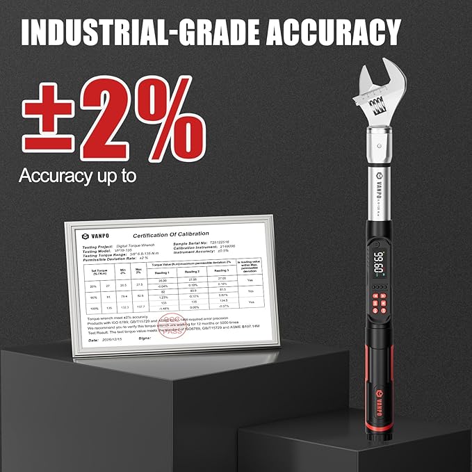 VANPO Adjustable Digital Torque Wrench, 5-99.6Ft.lb/6.8-135Nm, ±2% Accuracy, HVAC Torque Wrench with Interchangeable 38mm Jaw & 1/2" Ratchet, Buzzer, Vibration and LED Alert for Split AC, Moto, Car