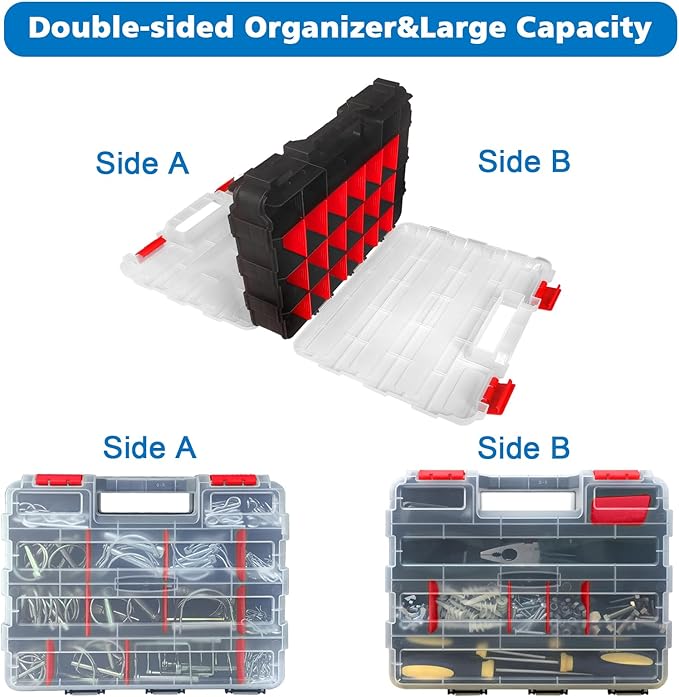 Double Side Tool Box Organizer, Hardware Storage Box, Portable Small Parts Organizer with Removable Plastic Dividers for Screws, Nuts, Nails, Bolts (Red)