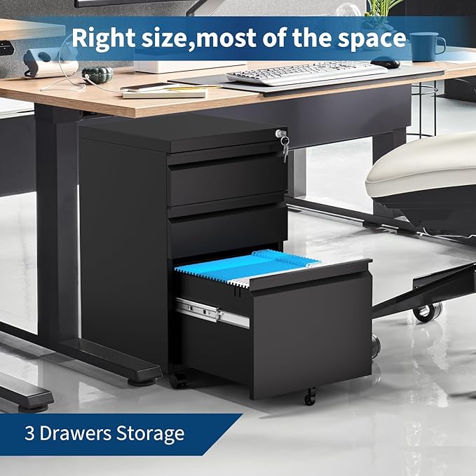 GAOMON 3-Drawer Mobile File Cabinet with Lock, Metal Filing Cabinet on Wheels, Fits Letter/Legal/A4 Files, Space-Saving Under Desk Office Storage Organizer for Home Office, Easy Assembly, Black
