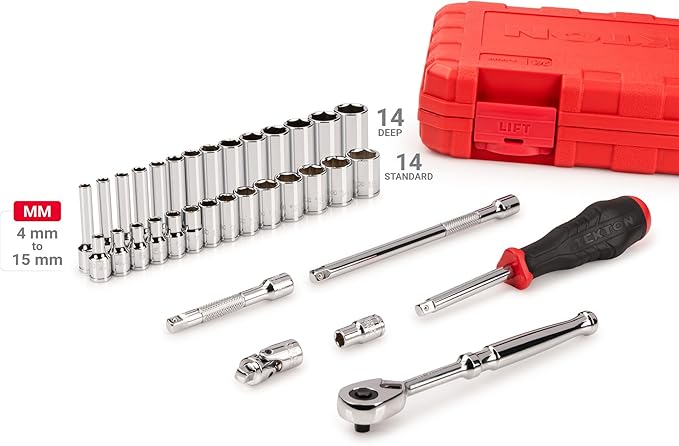 TEKTON 1/4 Inch Drive 6-Point Socket and Ratchet Set with Case, 34-Piece (4-15 mm) | SKT05202