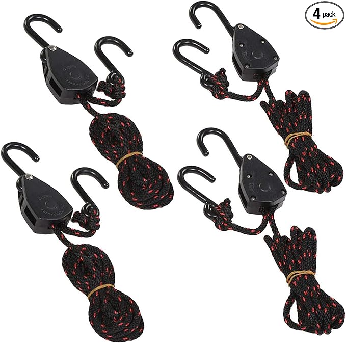 4PCS 1/8" 9.8Ft Adjustable Heavy Duty Rope Hanger Ratchet Kayak and Canoe Bow and Stern Tie Downs Straps (9.8Ft)