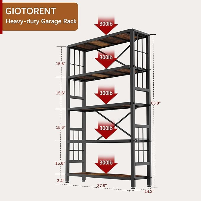 GIOTORENT 5-Tier Kitchen Storage with Wooden Boards, Heavy Duty Storage Shelves & Bookshelf, Adjustable Metal Shelving Unit for Garage Kitchen Bathroom Laundry Organizer, 1500LB Capacity, Black