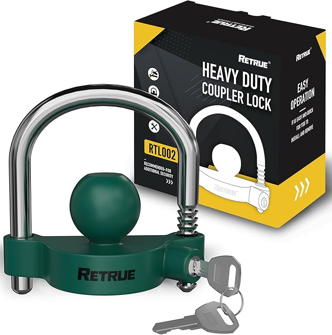 RETRUE Universal Coupler Lock Trailer Locks Ball Hitch Trailer Hitch Lock Adjustable Security Heavy-Duty Steel Fits 1-7/8 Inch, 2 Inch, 2-5/16 Inch Couplers, Green