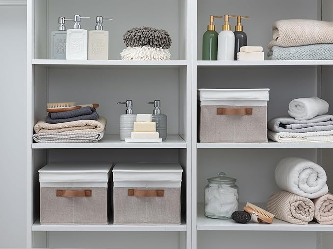 StorageWorks Storage Bins with Lids, Decorative Storage Boxes with Lid and PU Handles, Foldable Storage Baskets for Closet, Shelves, Stackable, Brown and White, 3-Pack
