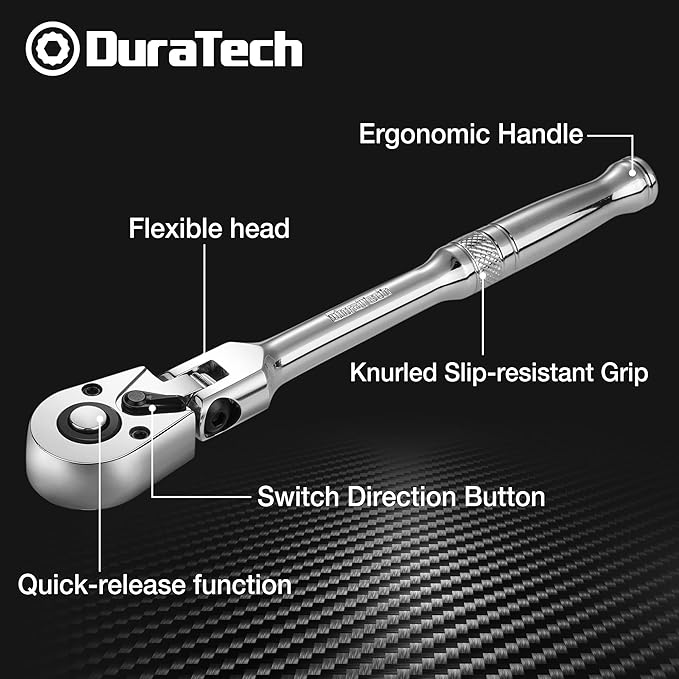 DURATECH 1/4" Drive Flex-Head Ratchet, 72-Tooth Ratchet Wrench, Quick-release, Reversible Switch, Full-Polished Chrome Plating, Alloy Steel
