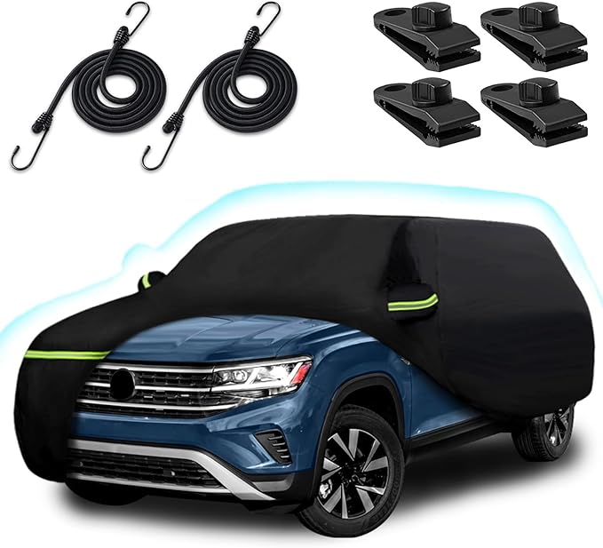 for VW Atlas/Cross Sport (2017-2025) Waterproof Car Cover, 6 Layers 210T Sun Rain UV Dust Snow Protection Outdoor Atlas Full Car Cover with Windproof Gust Strap and Zipper Door-Black