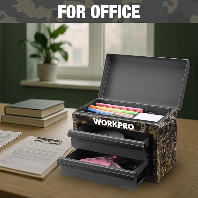 WORKPRO Metal Mini Tool Box, Top Tool Chest containing Two Drawers with Ball Bearing Slides, PVC Drawer Liners and PP Feet Pads, Durable Cold Rolled Steel Small Toolbox for Multi-Purpose Storage