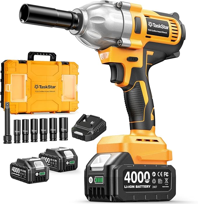 1/2" Cordless Impact Wrench, 1400N·m(1032ft・lbs) Brushless High Torque Impact Gun, Electric Impact Driver, 2x4.0Ah Batteries, LED Light, Charger, 6 Sockets, 3 Variable Speeds for Car/Pickup/Mower