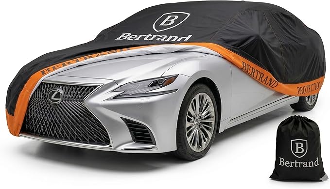 BERTRAND Premium Extra-Large Sedan Car Cover – (213x79 - Size - A4) - Waterproof All Weather | Mirror Pockets + Door Zipper | Cotton-Lined | UV Protection + Reduces Hail Impact | Heavy-Duty