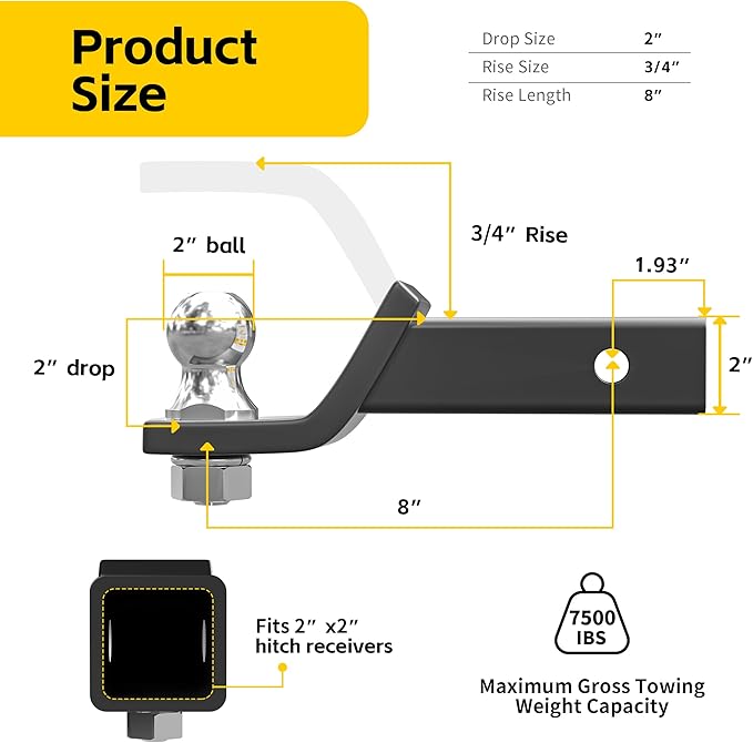MaxxHaul 50547 Trailer Hitch Mount with 2 inch Ball and Pin - Fits 2 inch Receiver 2 inch Drop 7,500 lbs Capacity