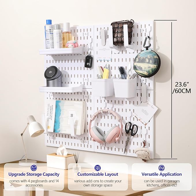 Pegboard Combination Kit, Modular White Pegboard Wall Organizer with 4 Pegboards & Accessories Hanging for Gaming Office Wall Storage Organizer, Crafts Displays