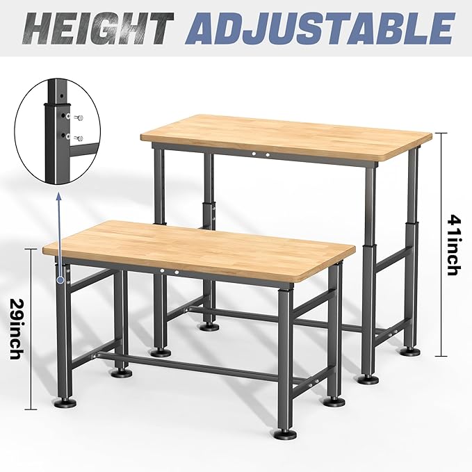 WALMANN Heavy Duty Adjustable Height Workbench 47.75" x 23.25", Rubber Wood Top Work Table for Garage, Workshop, 2000 lbs Load Capacity