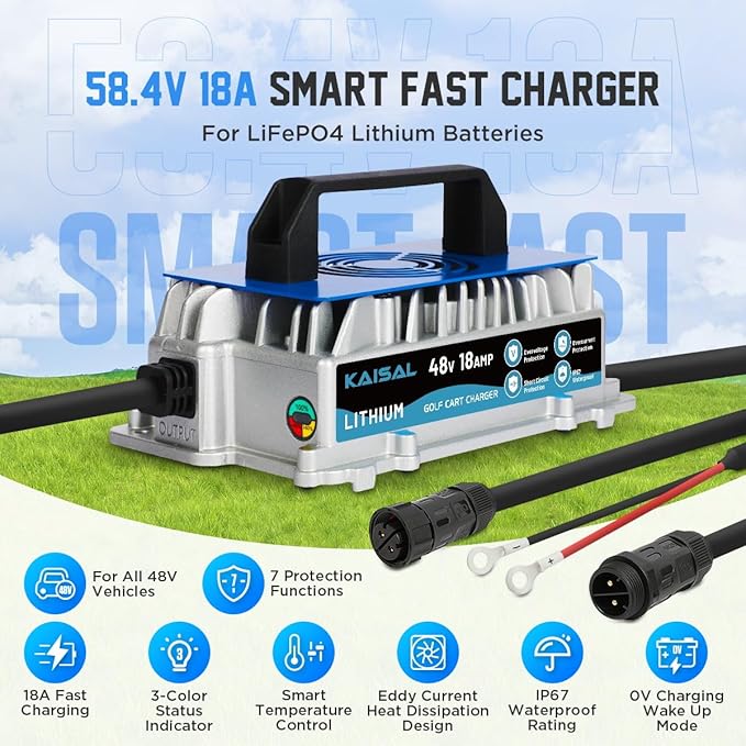 Lithium Battery Charger 48 Volt/58.4V 18A for 48V (51.2V) LiFePO4 Battery 1250W Lifepo4 Battery Charger 48 Volt, IP67 Waterproof, for Golf Cart, Forklift, Electric Outboard, Boat, Solar, RV, Off-Grid