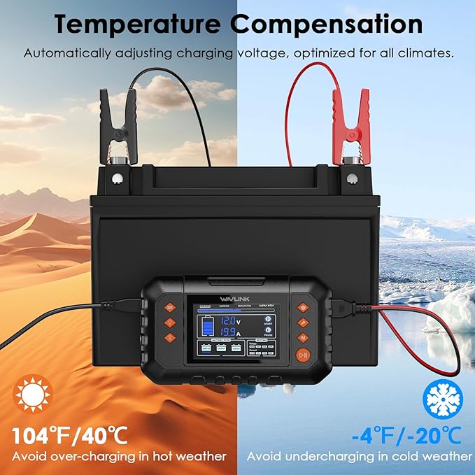 WAVLINK 280W Smart Battery Charger, Max. 20A Trickle Charger with LCD Display, for 6V/12V/24V Lead-Acid/Lithium/LiFePO4 Batteries, Battery Maintainer and Desulfurizer for Cars (20-amp)