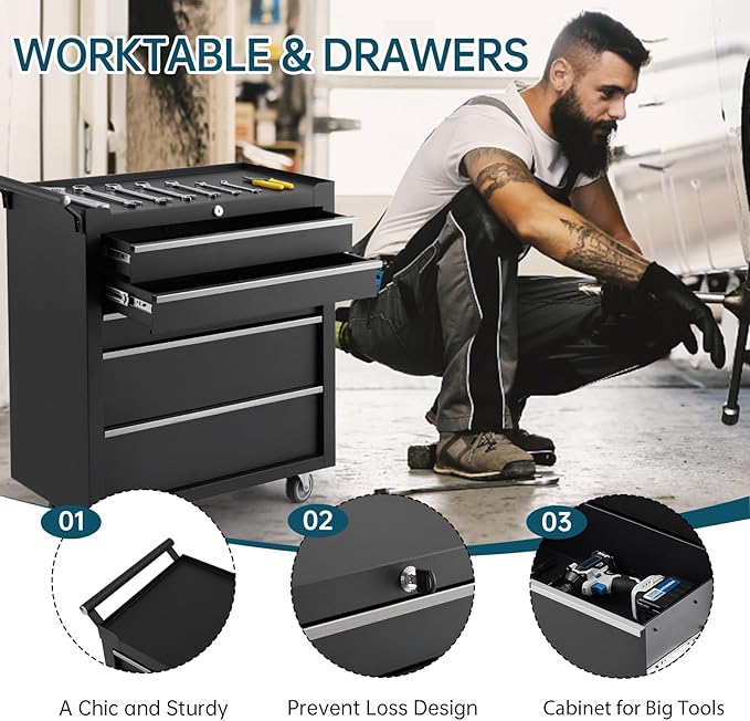 GarveeLife 5-Drawer Tool Box 24" Garage Tool Box with Key Lock and Removable Drawer Liners, Wheeled Design, Suitable for Garages, Warehouses, Workshops, and Repair Shops - Black