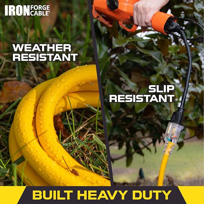 Iron Forge Cable Outdoor Extension Cord 50 Ft - 10 Gauge Heavy Duty Extension Cord, 15 AMP, 10/3 Yellow Power Cable SJTW Weatherproof with 3 Prong