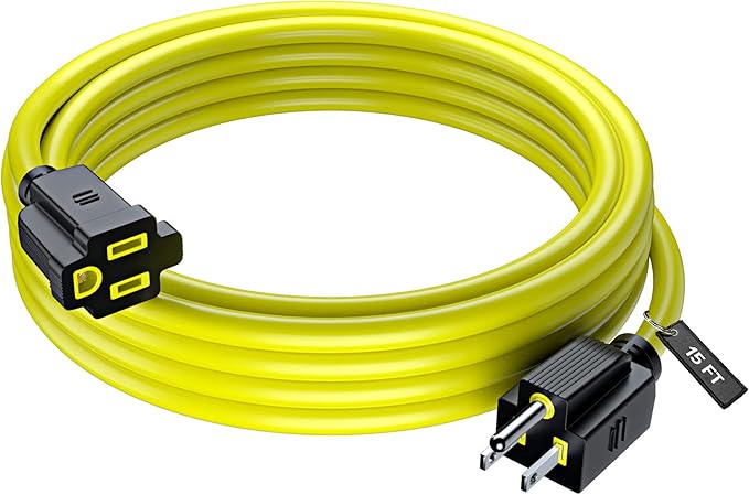 Maximm 15 Ft Yellow Extension Cord, Heavy Duty 16 AWG, ETL Listed for Workshop & Outdoor Use
