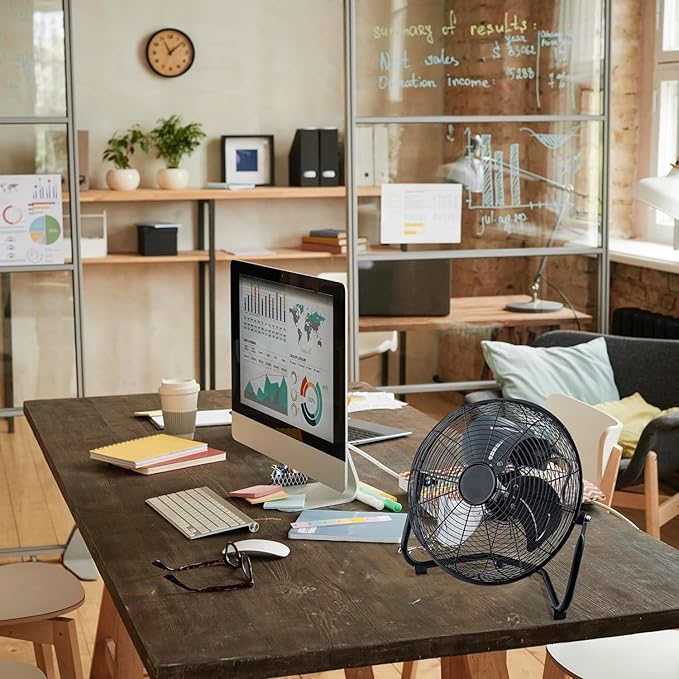 EZ-CHILL 12” Cradle Floor Fan, 3 Speed, High Velocity, 180 Degree Adjustable Tilt, All-Metal, Carry Handle, Rubber Feet, Airflow 15.42 ft/sec, Ideal for Home, Bedroom & Office, Black