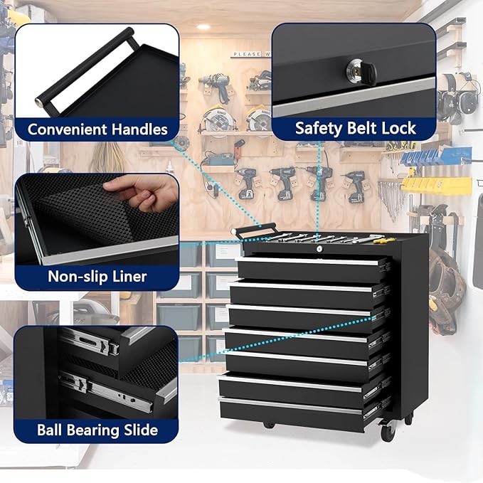 IDEALHOUSE Rolling Tool Chest, 7 Drawers Tool Storage Cabinet, Toolbox with Wheels, Portable Tool Cabinet Organizer with Locking System & Drawer Liners, Tool Storage Cart for Garage, Workshop, Black