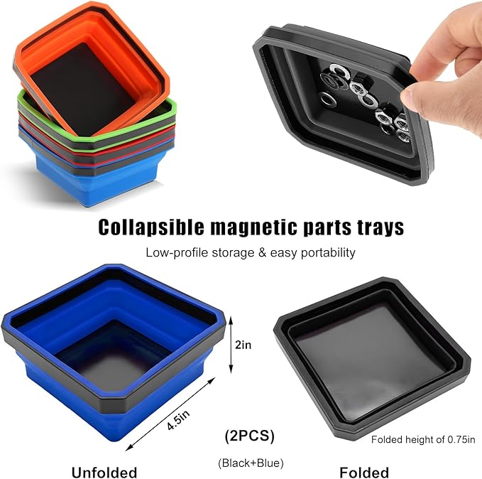 Collapsible Magnetic Parts Tray, 4.5 Inch Foldable Magnetic Square Silicone Tray, Tool Tray Set with Double-Sided Magnetic Base for Screw Bolts Nuts Pins, Car Accessories (Black+Blue, 2 PCS)