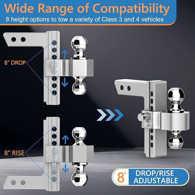 Tlvuvmo Adjustable Trailer Hitch - 8 Inch Drop Hitch (Fits 2-Inch Receiver), 12,500 LBS GTW Heavy Duty Aluminum Tow Hitches with (2" & 2-5/16") Chrome Steels Balls with 2 Anti-Theft Pin Locks