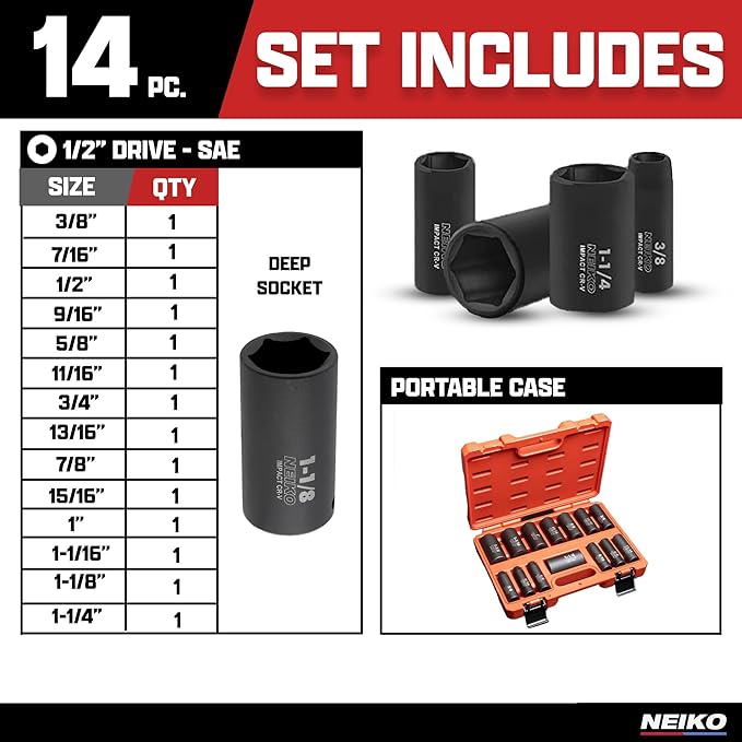 Neiko 02476A 1/2" Impact Socket Set, 14 Piece 6 Point Impact Set, Standard Impact Socket Set, SAE Sizes (3/8-Inch to 1-1/14") Cr-V Steel, Deep Socket Set 1/2 Drive,