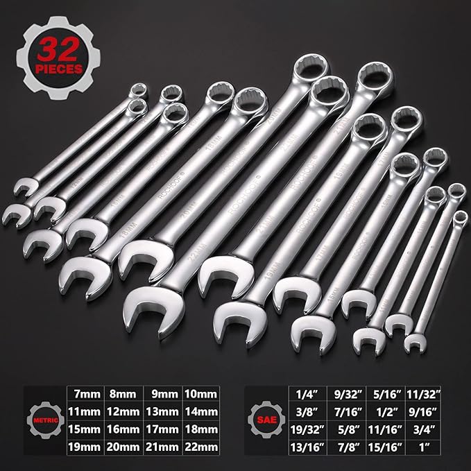 Combination Wrench Set,32-Piece Chrome Vanadium Steel Wrench Set 12-Point SAE & Metric Wrenches 1/4"-1" and 7-22mm with Rolling Pouch