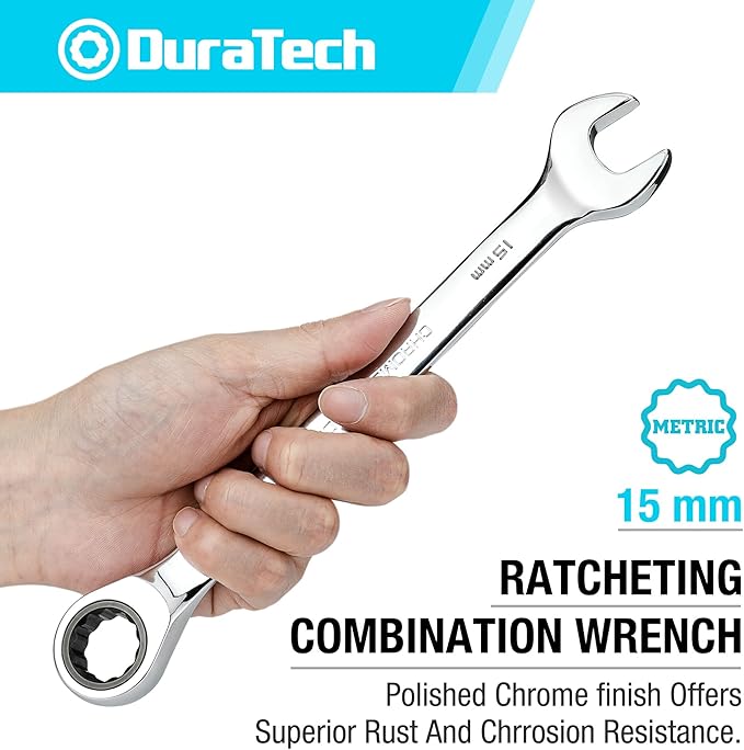 DURATECH 15mm Ratcheting Combination Wrench, Metric, 72-Tooth, 14-Point, CR-V Constructed with Mirror Polish