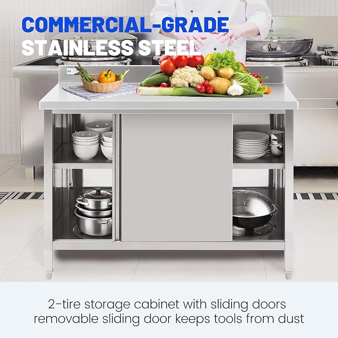 Hally Stainless Steel Cabinet, 24" x 60" NSF Commercial Heavy Duty Prep Workbench with Backsplash and Two Sliding Doors, Large Storage Cabinet, Metal Table for Kitchen, Restaurant, Garage