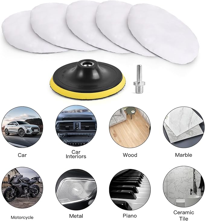 7 Pcs 3 Inch (80 mm) Wool Buffing Polishing Pad Car Polisher Buffer Drill Attachment with M10 Drill Adapter