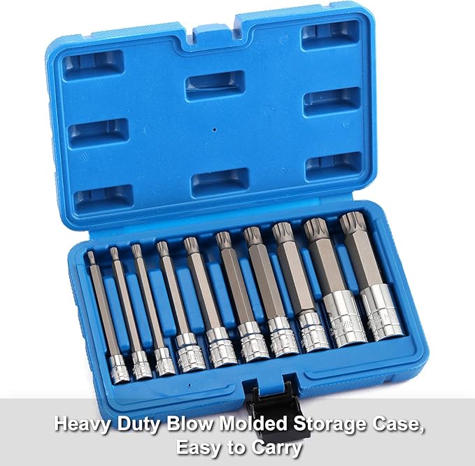 CASOMAN 10 Piece Spline Tip Bit Socket Set, M-Type, S2 and Cr-V Steel, Extra Long 4'' Length, M4-M18, XZN Triple Square Spline Bit Socket Set