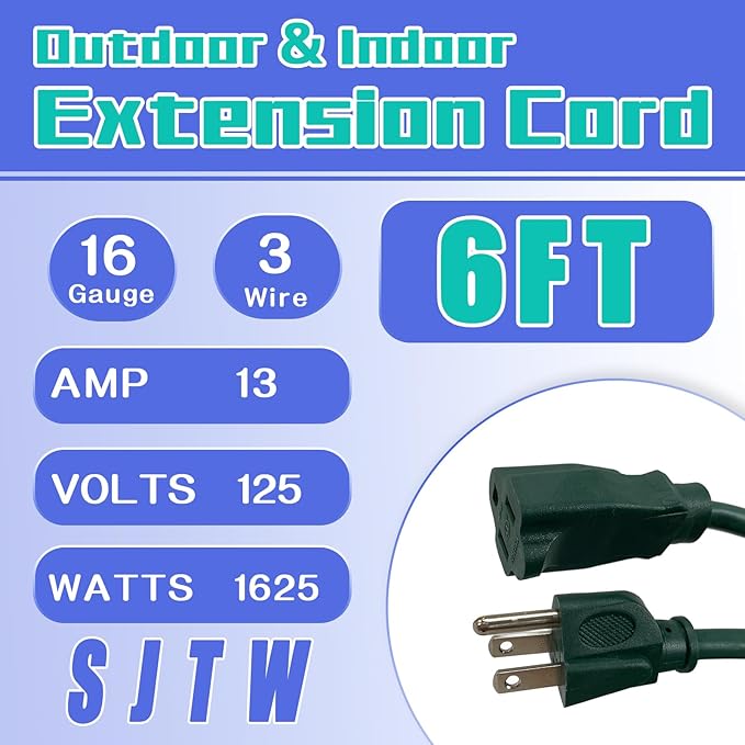 Indoor Outdoor Extension Cord 6 FT, 16/3 SJTW Weatherproof Green Electrical Cords, 13 AMP Heavy Duty 3 Prong Power Cable Great for Garden, Landscaping & Holiday Decorations