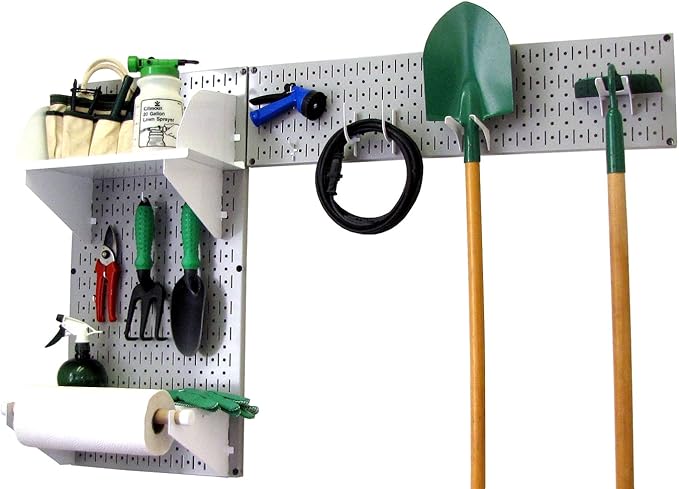 Wall Control Pegboard Garden Supplies Storage and Organization Garden Tool Organizer Kit with Gray Pegboard and White Accessories