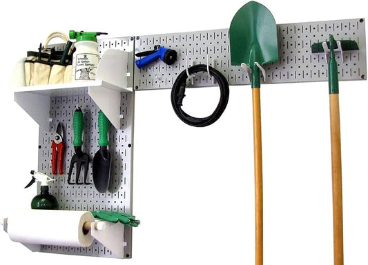 Wall Control Pegboard Garden Supplies Storage and Organization Garden Tool Organizer Kit with Gray Pegboard and White Accessories