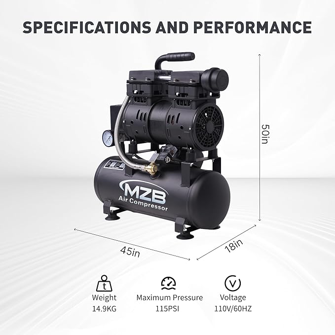 MZB 2.4 Gallon 1.0HP Ultra Quiet Air Compressor 110V/60Hz 5.65CFM, MAX 115PSI Steel Tanks Oil-Free 65 dB Noise Level Air Compressor for Spray Painting, Auto Repair, Carpentry Decoration