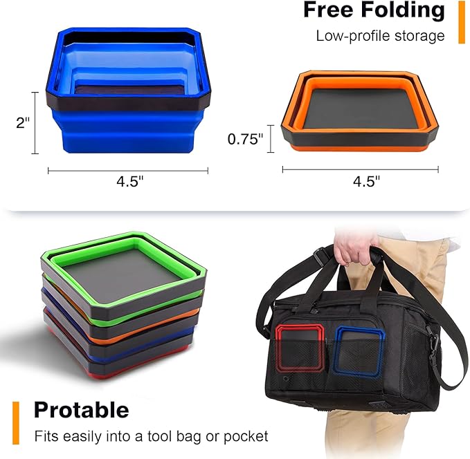 Collapsible Magnetic Parts Tray Set, 4 Pack Foldable Silicone Magnetic Tool Trays for Bolts Screws Nuts & Small Metal Parts, 4.5” Upgraded Square Silicone Bowls with Dual-Sided Magnetic Base