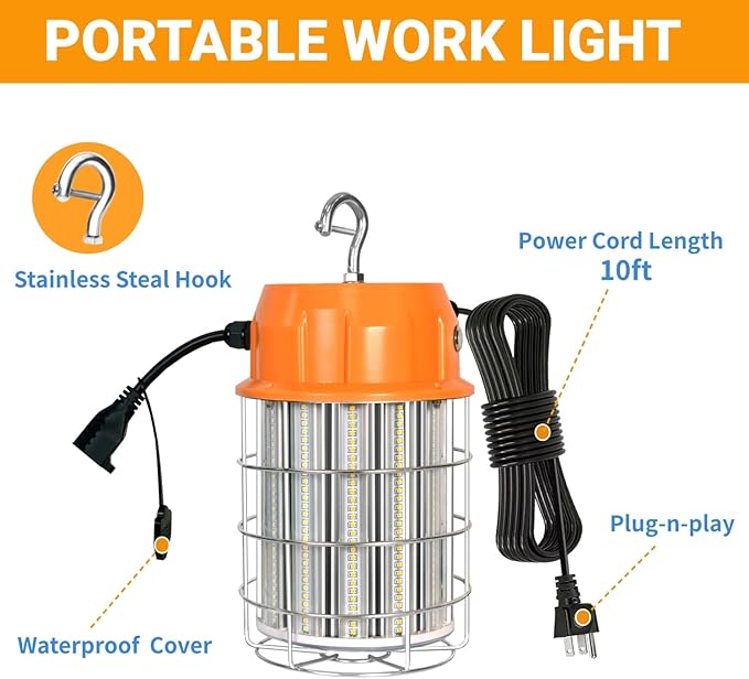 100W LED Temporary Work Light,5000K 13000Lm Portable Work Lights with Stainless Steel Guard & Hook for Mine Wharf Job Site Lighting,IP65 Dust Waterproof,Plug-n-Play