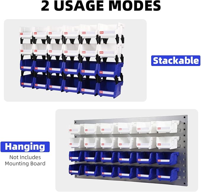 Stackable Parts Organizer 24 Pack (5x4x3 Inch), Small Parts Bins Wall Mounted Hanging Storage Bins for Screw, Hardware, Garage, Workbench & Office (Blue & White)