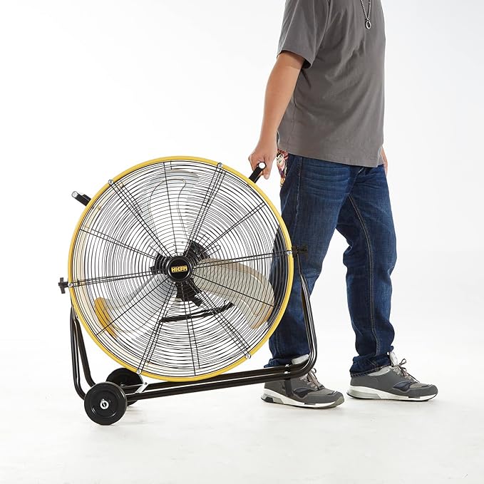 HiCFM 24" Industrial Drum Fan 8800 CFM High Velocity 3-Speed Heavy Duty Metal Air Circulator with Casters Handle for Basement Warehouse Factory workshops