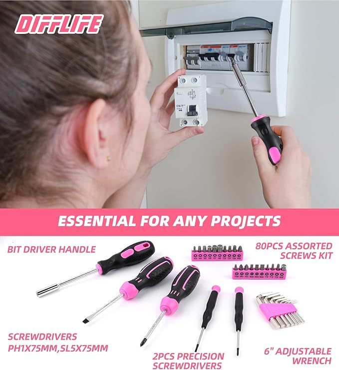 Pink Tool Set -131 Piece Pink Tool sets for WomenGeneral Household Hand Tool Kit with Plastic Tool Box Storage Case(Pink)