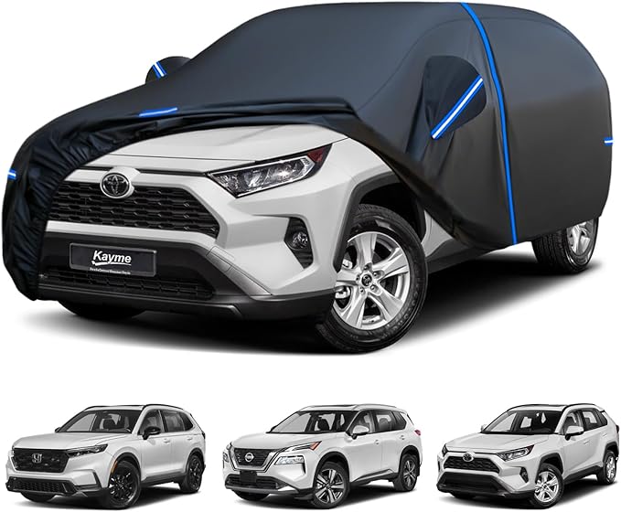 Kayme SUV Car Cover Custom Fit for Toyota RAV4, Honda CRV CR-V, Nissan Rogue, Windproof Upgraded & 100% Waterproof. All-Weather Full Exterior Cover Rain Sun Protector with Door Zipper and Towel.