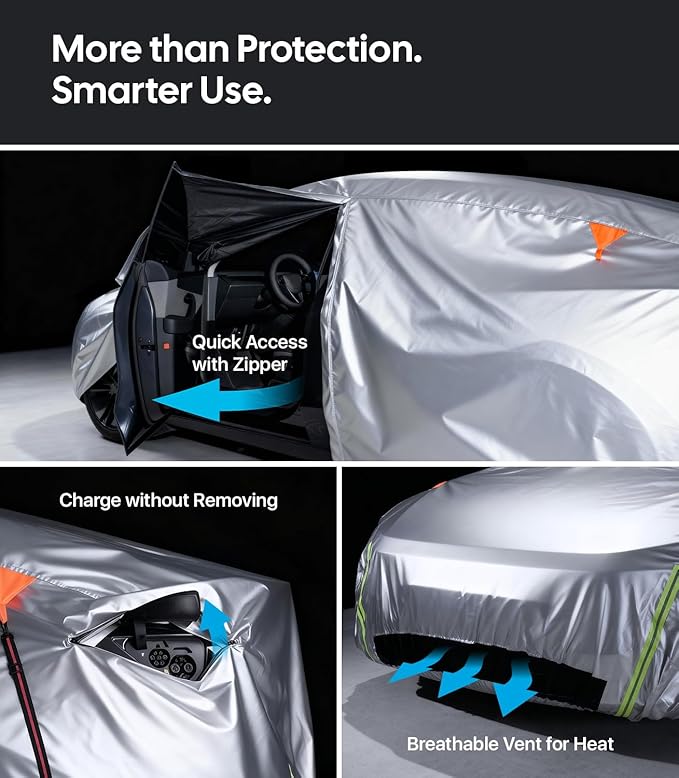 Wigoo Tesla Model Y Car Cover Accessories (2020–2026), Custom Fit All-Weather Outdoor, Waterproof UV Sun & Heat Protection, Ventilated Design, Windproof, Smooth Paint-Safe Lining, Charging Port Zipper