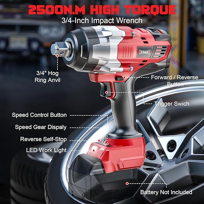 DIYtoolifz 3/4" Cordless Impact Wrench Compatible with Milwaukee 18V Battery: 1850FT-LBS(2500N.m) High Torque Impact Driver, Auto-Stop Reverse, 4-Speed Heavy Duty Impact for Car/Truck/Mower(Bare Tool)