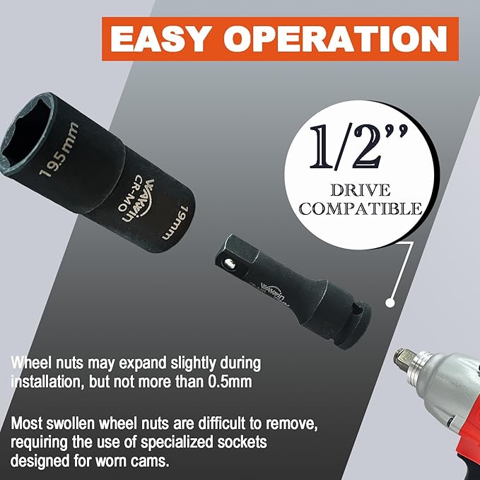 2-1 Double Ended Damaged Wheel Nut Socket 1/2-Inch Impact Socket Wall Impact Flip Socket 7 Piece Set 17 x 17.5mm 19 x 19.5mm 21 x 21.5mm 22 x 22.5mm 27 x 27.5mm 19 x 21mm 5" extension bar