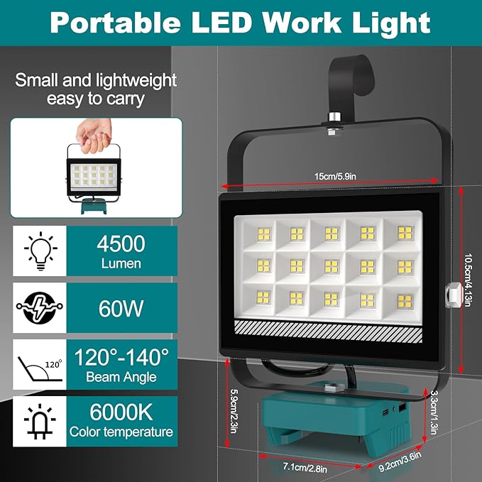 T-SUN 60W Work Light for 18V/20V Battery, Cordless Portbale Led Light with 2 Modes, USB & Type C Charging Port Jobsite, Emergency, Garage, Car Repair