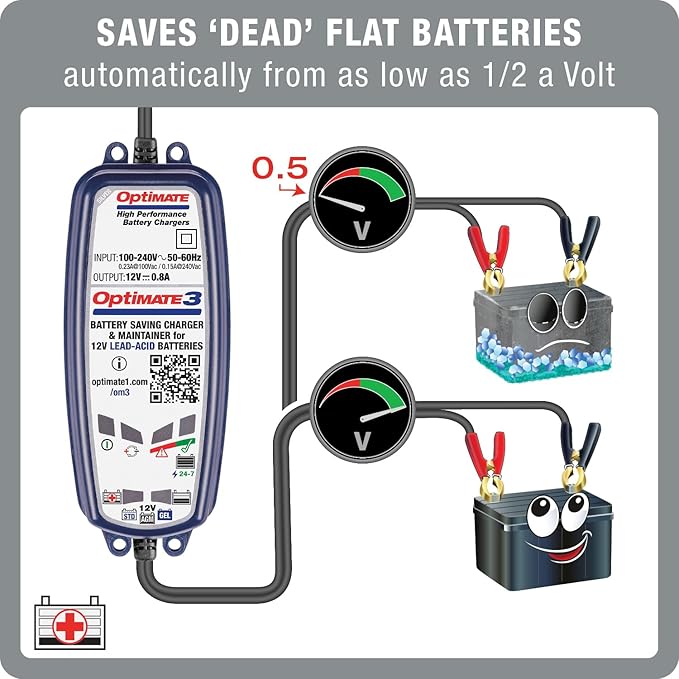 OptiMate3 0.8A, Smart Battery Saving Charger for 12V Lead-acid Motorcycle and Powersport Batteries