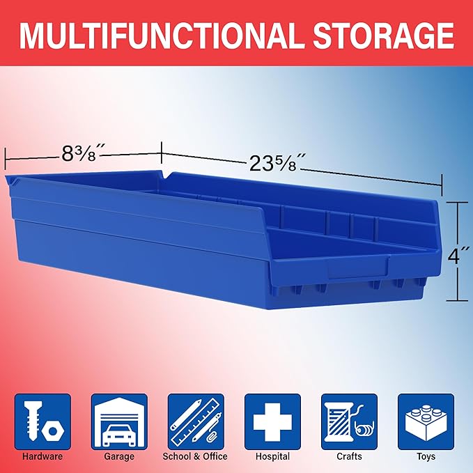 Akro-Mils 30184 Plastic Shelf Bins, Heavy Duty Storage Bins for Garage, Closet, and Drawer Organization, 24-Inch x 8-Inch x 4-Inch, Blue, 6-Pack