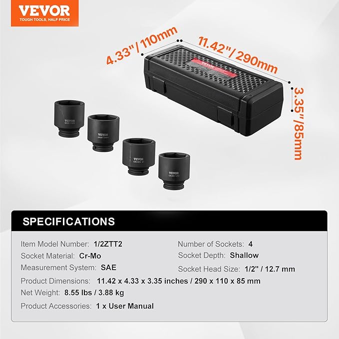 VEVOR Axle Nut Impact Socket Set - 1/2" Drive 6-Point 4-Piece SAE Spindle Nut Socket CR-MO Heat Treated Large Socket Set with Storage Case for Auto Repair, Removing or Installing Axle Nuts