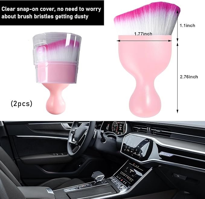 Ziciner 2 PCS Car Detailing Brush, Curved Soft Bristles Auto Removal Dust Collectors, Universal Vehicle Dashboard, Air Conditioner Vents etc Interior Cleaning Tool Accessories (Pink/White/Red)